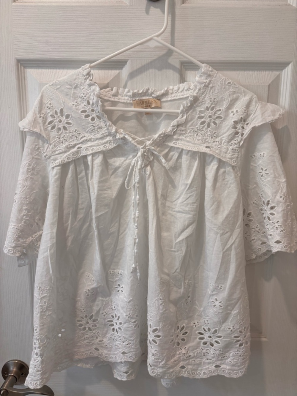 Farmers Market White‎ Eyelet Peasant Blouse with Tie Neck